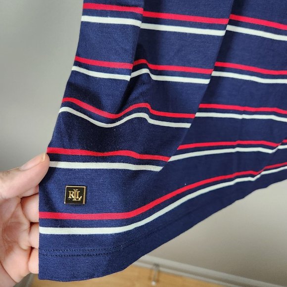 Lauren Ralph Lauren Shirt Womens XL Blue Mock Neck Striped Jersey Top Blouse - Picture 2 of 11
